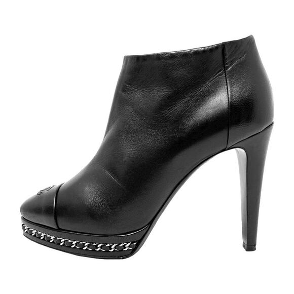 Chanel Black Leather Chain Heel Booties EU 38 CC Cap Toe Ankle Boots - Picture 1 of 9